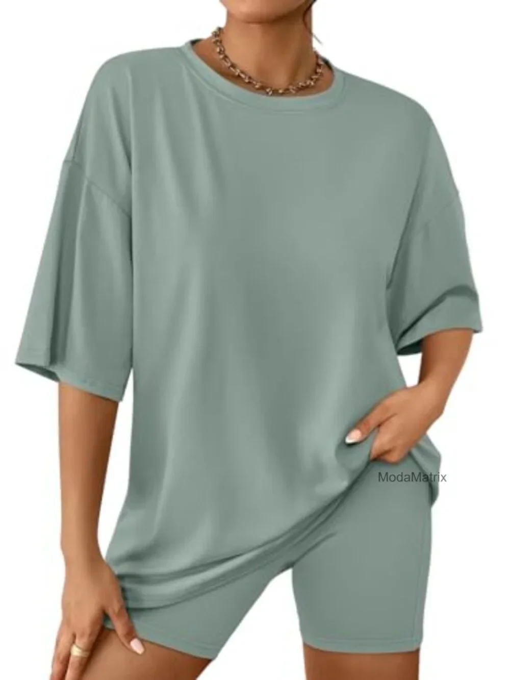 Women 2 Piece Set Oversized Cotton Blend Short Sleeve Tee & Biker Shorts